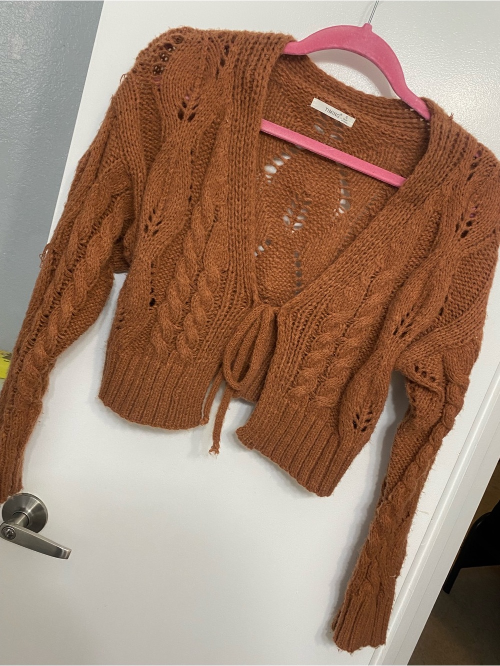 Timing Rust Cable Knit Tie-Front Cardigan